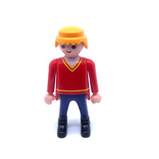 PLAYMOBIL * SPORT * Homme Blond Pull Rouge Col V Pantalon Bleu VTT 3341 4948