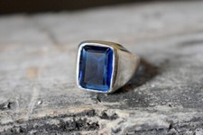 Bague homme mari pierre précieuse taillée saphir bleu AAA+++ en argent massif...