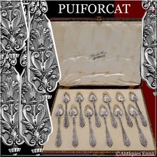 Puiforcat Rare French Sterling Silver Tea Spoons Set, Original Box, Renaissance
