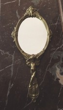 Ancien Vintage Magnifique Miroir Face À Main En Laiton Ange Visage Très 