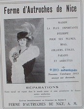 PUBLICITE FERME D'AUTRUCHES DE NICE PLUME BOA COLLIER ETOLE DE 1913 FRENCH AD