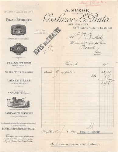 Facture 1922 mercerie gros - facture,