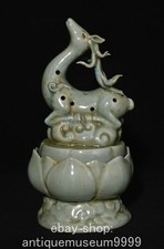 10.4" ancien four chinois Ru porcelaine Lotus Sika cerf incenseur incenseur