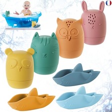 HOTUT Jouet de Bain Bébé, 7 Pièces Jouets de Bain en Silicone avec Ouverture, Pu