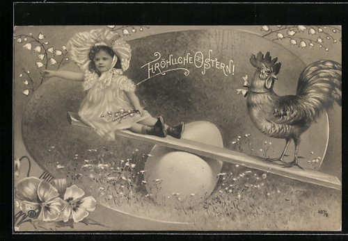 Carte postale coq fille à - postale,