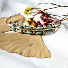 Bracelet Zuni Amérindien Turquoises  Argent Sterling  Signé DR Zuni Fin Poignet