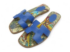 CHAUSSURES HERMES ORAN CUIR BLEU ZANZIBAR H201137Z 38.5 POCHON BOITE SHOES 610€