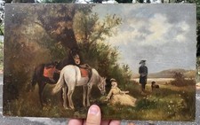 Hans Büttner Peinture sur Bois École Allemande Scène Romantique Chevaux Cheval