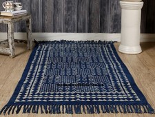 Tapis En Coton Indigo Bleu À Motif Bloqué À La Main Tapis Indien Tapis Dhurrie