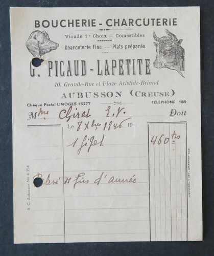 Facture 1946 boucherie - facture,