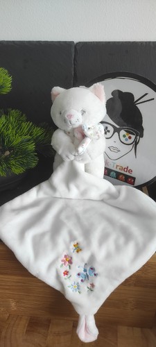 Doudou chat blanc rose - blanc, fleurs
