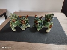 Paire de chiens Foo en céramique bleue et verte