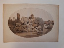 École du XIXe, lavis : village animé / château / forteresse / tours / ruines