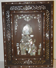 Beau Panneau Bois Exotique Marqueterie de Nacre Personnages XIXème Indochine