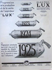 PUBLICITÉ DE PRESSE 1925 ASPIRATEUR LUX ELECTROLUX PROGRESSION DE LA PRODUCTION