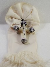 Superbe croix pendentif ancienne argent massif et nacre et rosace en soie