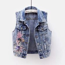 Veste Sans Manches En Jean Femme Avec Perles Et Fleurs