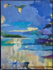 Tableau signé Laurence Ginailhac; marine abstrait huile Lac de Lacanau