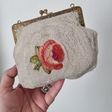 Porte Monnaie Ancien Brodé De Perles Rose Brodée 1920 French Purse Art Déco 