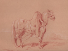École Lyonnaise 19° XIXe CHEVAL DE TRAIT Dessin animalier SANGUINE REHAUTS CRAIE
