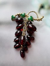 French antique Victorian era 18K gold garnet green enamel grapes brooch