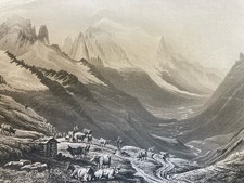 Gravure Originale XIXe Estampe Chamonix Mont Blanc Alpes Vache Paysage Ancien