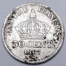 Rare Monnaie Argent, 50 Centimes 1867 BB (Strasbourg) Napoléon III