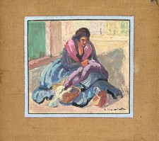 LUCIENNE CAPDEVIELLE TABLEAU 1920 PEINTURE GITANE COUTURE  GENS DU VOYAGE