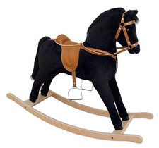 Grand cheval à bascule noir en bois, cheval en peluche