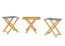 Tabouret de jardin pliable, bois hêtre naturel avec tissu bleu et blanc 