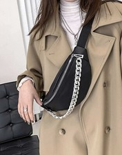 Sac Banane Noir Similicuir Chainette Argenté Femme Neuf Sacoche Zippé Mode FR