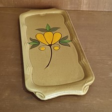Ancien Plat À Cake En Grès Marron, Décor Fleur Jaune, Vintage, Signé F