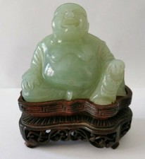 Antique Bouddha circa 1900 Jade vert - socle bois sculpté ajouré boudha Buddha