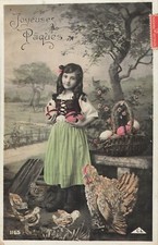 CP PAQUES PETITE FILLE PANIER OEUFS COLORES POULES POUSSINS - 7412