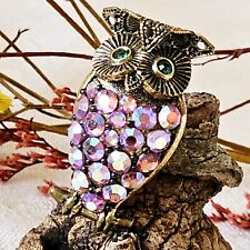 Broche Vintage 60's Hibou Laiton Doré Strass Irisés 30x15mm
