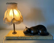 Lampe ancienne veilleuse Chat en bronze abat jour pagode socle en marbre