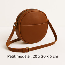 Sac Rond en Cuir Véritable – Petit Modèle 20 cm – Marron Cognac – Fait Main 