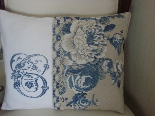 Coussin roses anciennes bleu - coussin,,