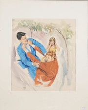 Illustration gouache originale de ASLAN Alain Gourdon la bagarre amoureuse