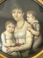 PORTRAIT MINIATURE FEMME ET SES 2 ENFANTS EPOQUE EMPIRE SIGNE DANIEL SAINT