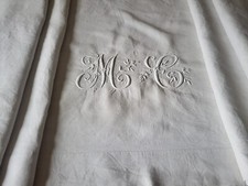 N15 Ancien drap en lin grège brodé fleurs monogramme MC 237x308cm 1900 Old sheet