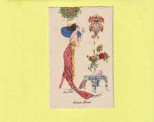 CPA XAVIER SAGER ELEGANTE AVEC COUPE CHAMPAGNE FLEURS PENDULE SOUS LE GUI