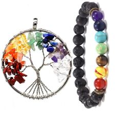 Pendentif arbre de vie + Bracelet Lave 7chakras Lapis, Améthyste Cordon offert