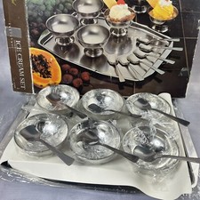 Service à glace en inox 6 coupes coupelles + 6 cuillères + 1 plateau à servir