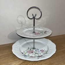 Ancien Présentoir Gâteaux Serviteur 2 Étages Porcelaine Décor Fleurs Vintage