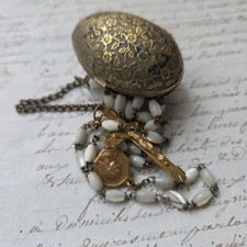 Boite Œuf Laiton Ancien XIXè pour Chapelet en Plaqué Or Nacre