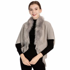 Femme Tricot Poncho Cape Châle Veste Faux Fox Fourrure Batwing Cardigan Écharpe