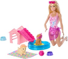 Barbie Coffret Piscine des Chiots avec poupée, Niche, Toboggan, Piscine en Forme