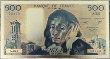 Billet 500 francs PASCAL 1985 réplique polymère gold or