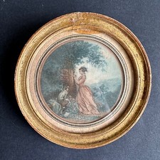 Ancienne miniature galante gravure aquarellée cadre bois doré XIXème femme chien